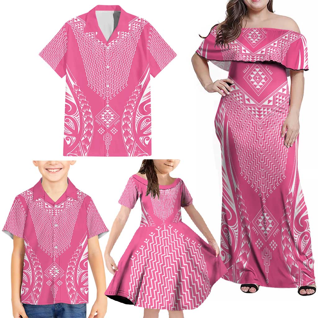 2025 Rugby Championship New Zealand Custom Family Matching Off Shoulder Maxi Dress and Hawaiian Shirt Poutama Motifs - Pink Out LT7 - Polynesian Pride
