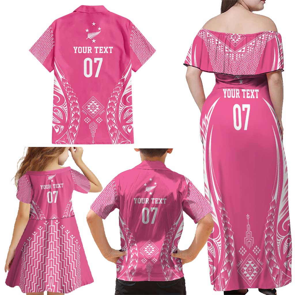 2025 Rugby Championship New Zealand Custom Family Matching Off Shoulder Maxi Dress and Hawaiian Shirt Poutama Motifs - Pink Out LT7 - Polynesian Pride