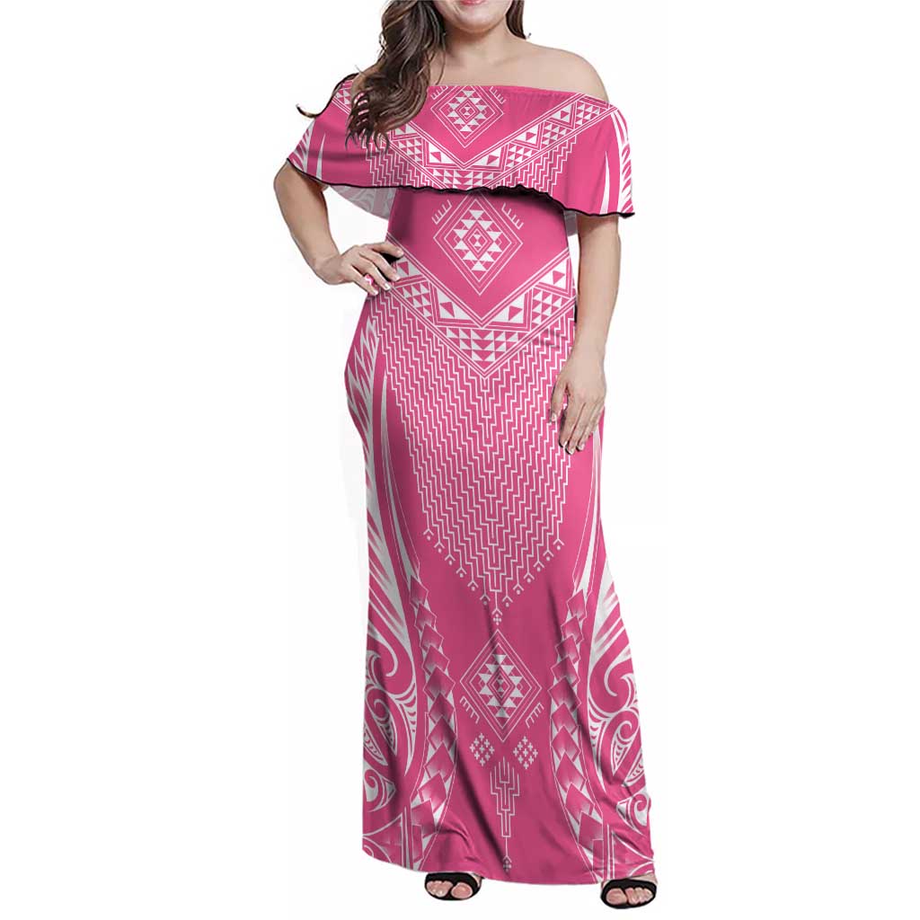 2025 Rugby Championship New Zealand Custom Family Matching Off Shoulder Maxi Dress and Hawaiian Shirt Poutama Motifs - Pink Out LT7 Mom's Dress Pink - Polynesian Pride