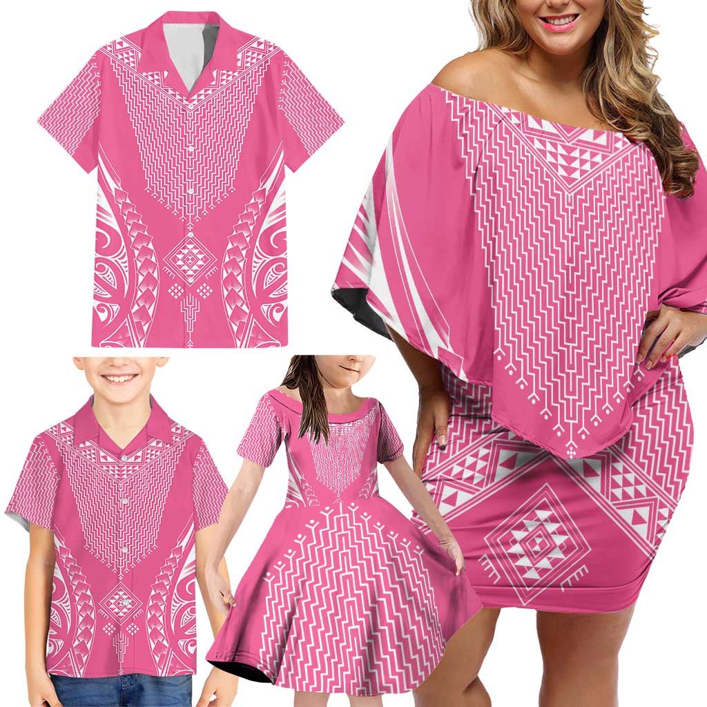 2025 Rugby Championship New Zealand Custom Family Matching Off Shoulder Short Dress and Hawaiian Shirt Poutama Motifs - Pink Out LT7 - Polynesian Pride