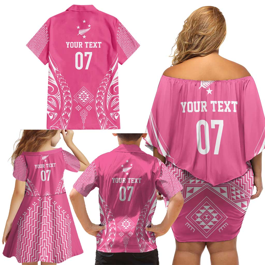 2025 Rugby Championship New Zealand Custom Family Matching Off Shoulder Short Dress and Hawaiian Shirt Poutama Motifs - Pink Out LT7 - Polynesian Pride