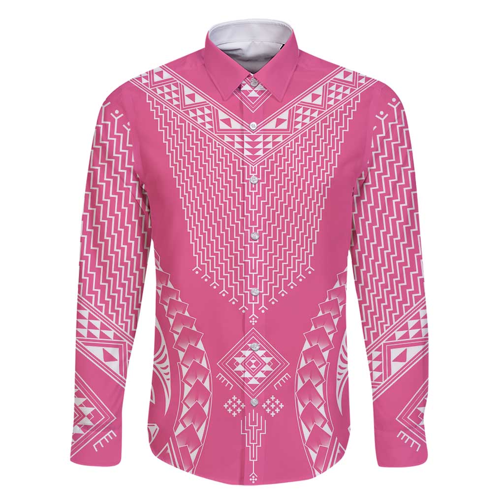 2025 Rugby Championship New Zealand Custom Family Matching Off Shoulder Short Dress and Hawaiian Shirt Poutama Motifs - Pink Out LT7 Dad's Shirt - Long Sleeve Pink - Polynesian Pride