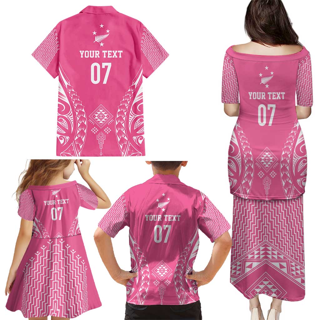 2025 Rugby Championship New Zealand Custom Family Matching Puletasi and Hawaiian Shirt Poutama Motifs - Pink Out LT7 - Polynesian Pride