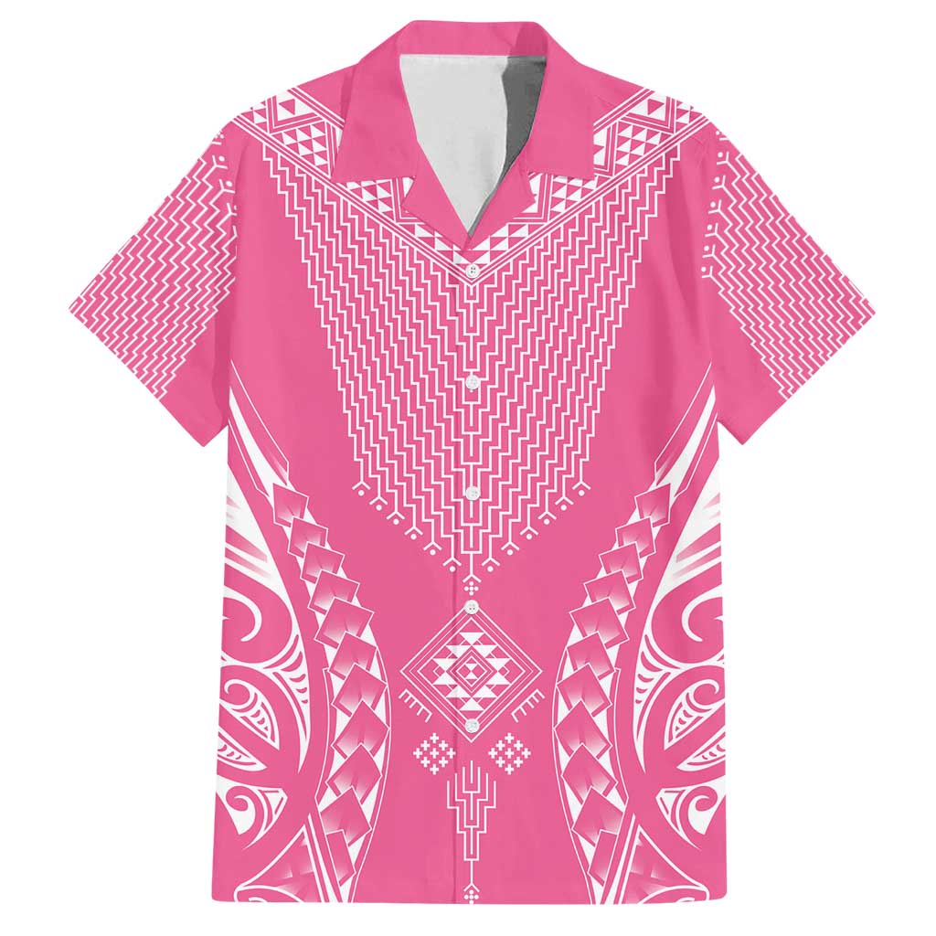 2025 Rugby Championship New Zealand Custom Family Matching Puletasi and Hawaiian Shirt Poutama Motifs - Pink Out LT7 Dad's Shirt - Short Sleeve Pink - Polynesian Pride