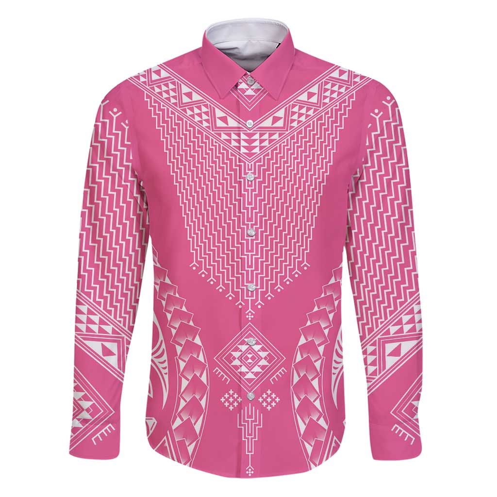 2025 Rugby Championship New Zealand Custom Family Matching Puletasi and Hawaiian Shirt Poutama Motifs - Pink Out LT7 Dad's Shirt - Long Sleeve Pink - Polynesian Pride
