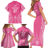2025 Rugby Championship New Zealand Custom Family Matching Short Sleeve Bodycon Dress and Hawaiian Shirt Poutama Motifs - Pink Out LT7 - Polynesian Pride