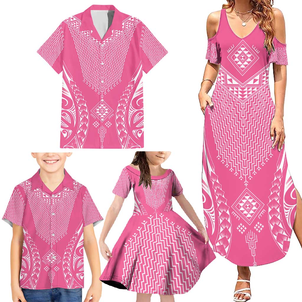 2025 Rugby Championship New Zealand Custom Family Matching Summer Maxi Dress and Hawaiian Shirt Poutama Motifs - Pink Out LT7 - Polynesian Pride