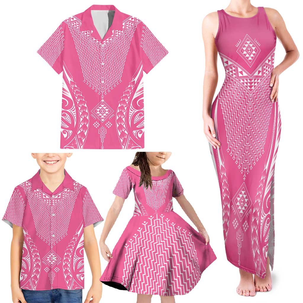 2025 Rugby Championship New Zealand Custom Family Matching Tank Maxi Dress and Hawaiian Shirt Poutama Motifs - Pink Out LT7 - Polynesian Pride