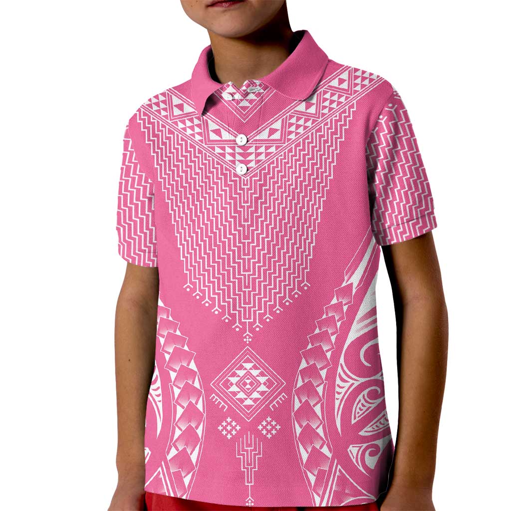 2025 Rugby Championship New Zealand Custom Kid Polo Shirt Poutama Motifs - Pink Out LT7 Kid Pink - Polynesian Pride