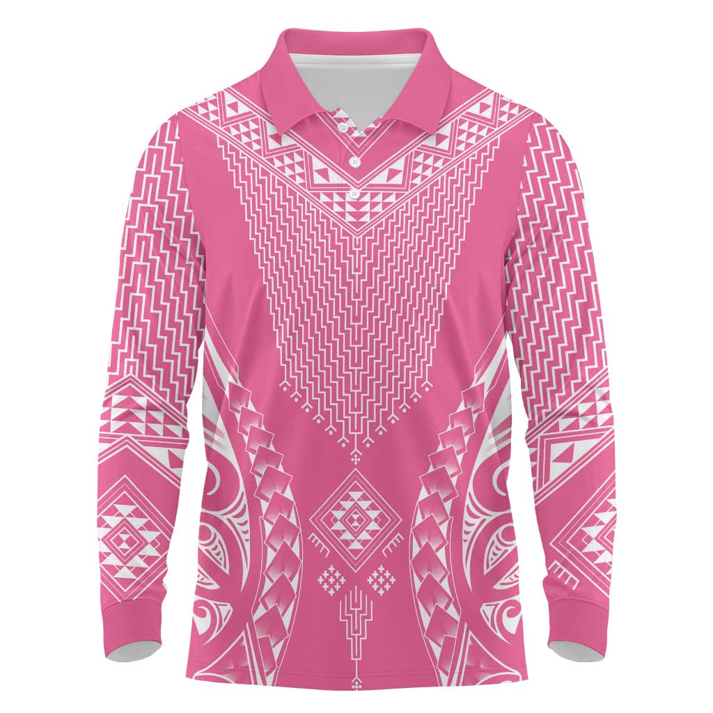 2025 Rugby Championship New Zealand Custom Long Sleeve Polo Shirt Poutama Motifs - Pink Out LT7 Pink - Polynesian Pride