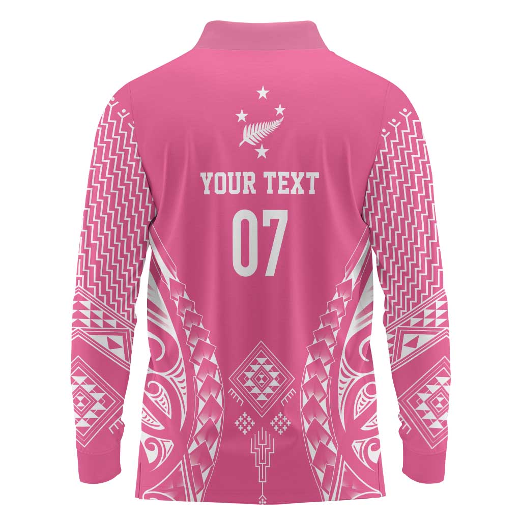 2025 Rugby Championship New Zealand Custom Long Sleeve Polo Shirt Poutama Motifs - Pink Out LT7 - Polynesian Pride