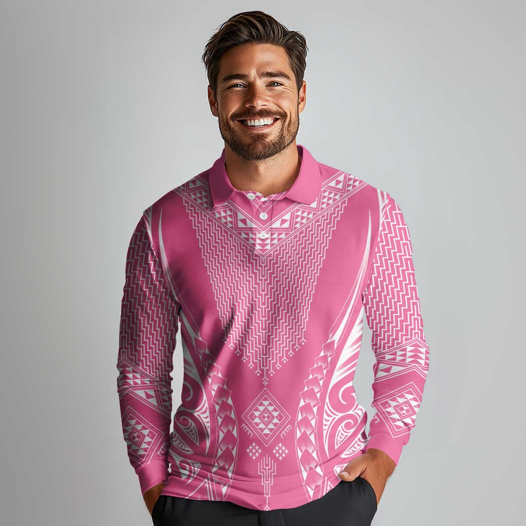 2025 Rugby Championship New Zealand Custom Long Sleeve Polo Shirt Poutama Motifs - Pink Out LT7 - Polynesian Pride