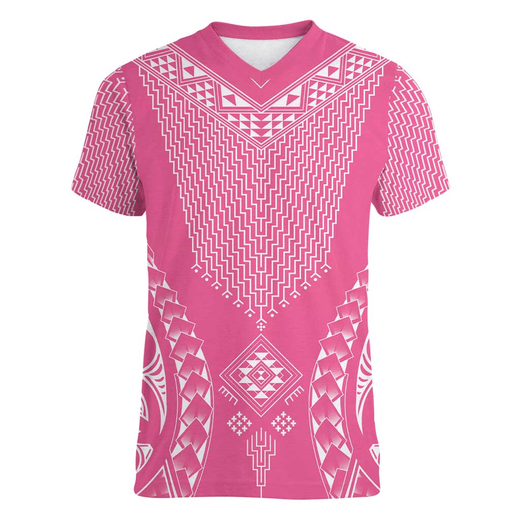 2025 Rugby Championship New Zealand Custom Women V-Neck T-Shirt Poutama Motifs - Pink Out LT7 Female Pink - Polynesian Pride
