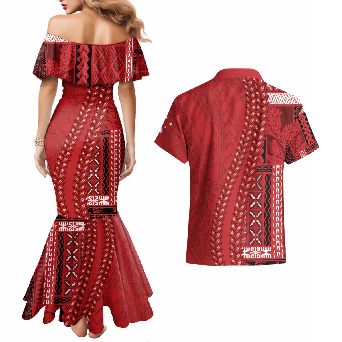 Samoa FAST Siapo Couples Matching Mermaid Dress and Hawaiian Shirt Tatau-Ulafala Vines - Polynesian Pride