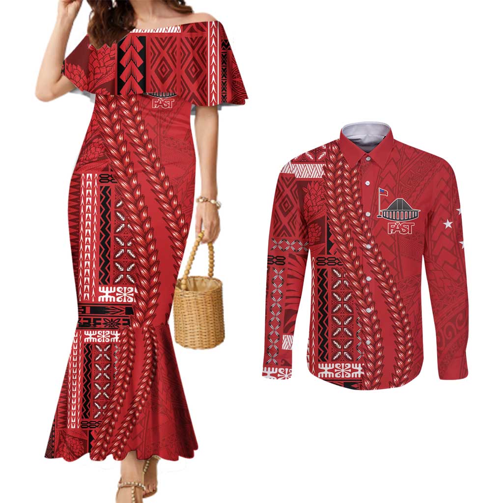Samoa FAST Siapo Couples Matching Mermaid Dress and Long Sleeve Button Shirt Tatau-Ulafala Vines - Polynesian Pride