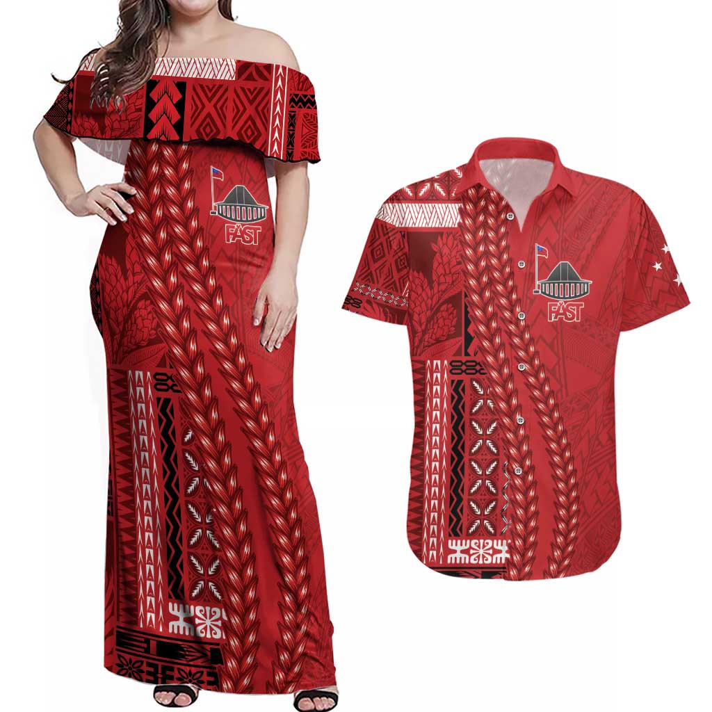 Samoa FAST Siapo Couples Matching Off Shoulder Maxi Dress and Hawaiian Shirt Tatau-Ulafala Vines - Polynesian Pride