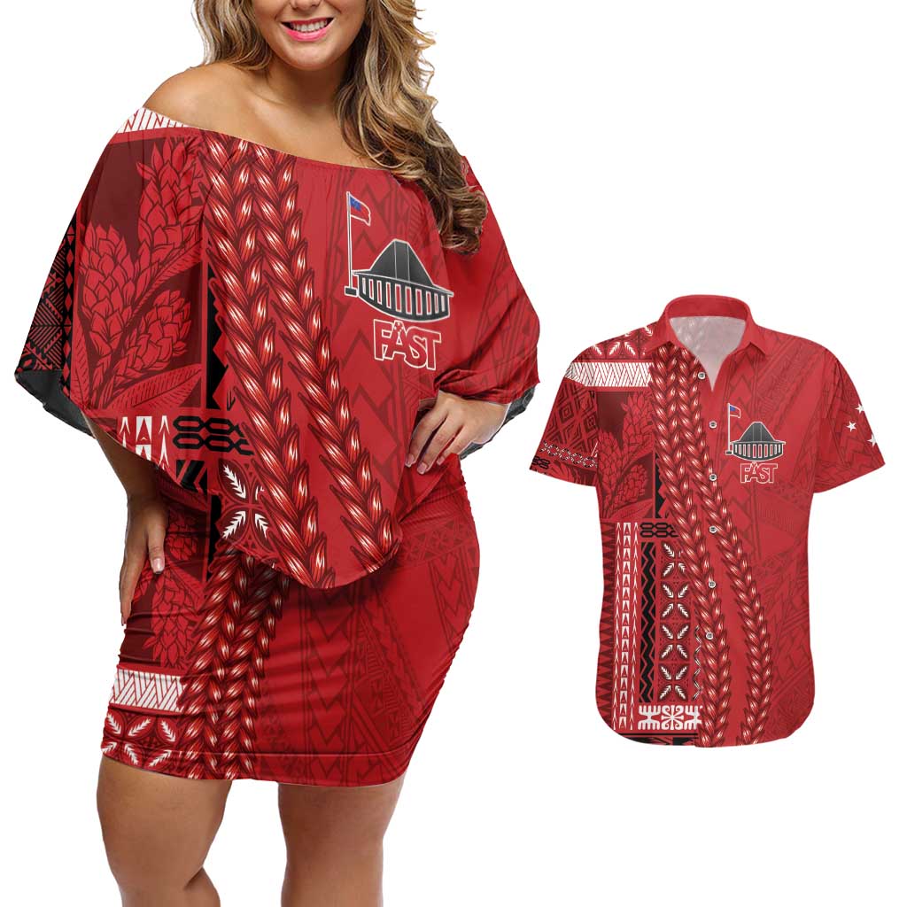 Samoa FAST Siapo Couples Matching Off Shoulder Short Dress and Hawaiian Shirt Tatau-Ulafala Vines - Polynesian Pride