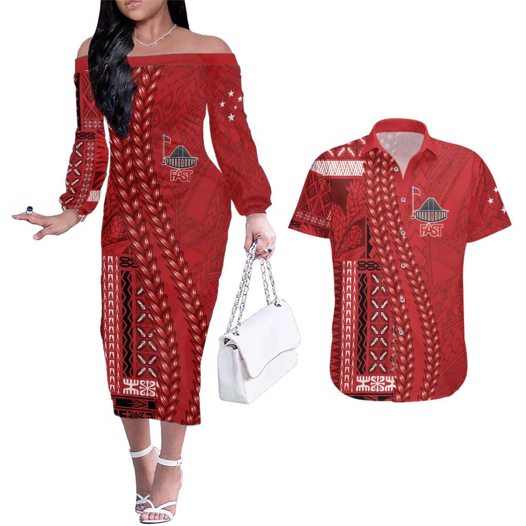 Samoa FAST Siapo Couples Matching Off The Shoulder Long Sleeve Dress and Hawaiian Shirt Tatau-Ulafala Vines - Polynesian Pride