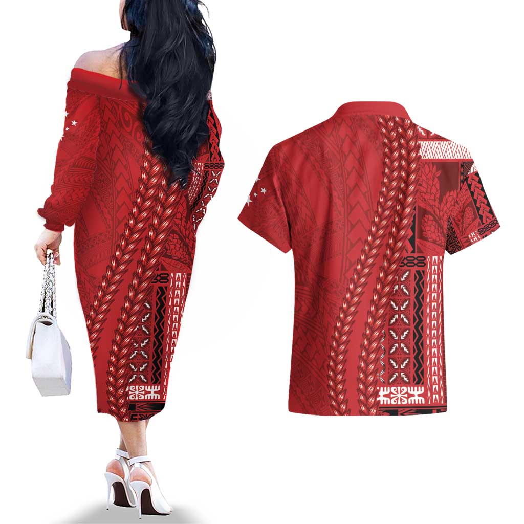 Samoa FAST Siapo Couples Matching Off The Shoulder Long Sleeve Dress and Hawaiian Shirt Tatau-Ulafala Vines - Polynesian Pride