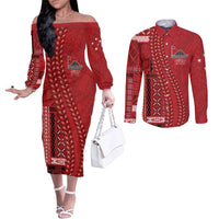 Samoa FAST Siapo Couples Matching Off The Shoulder Long Sleeve Dress and Long Sleeve Button Shirt Tatau-Ulafala Vines - Polynesian Pride