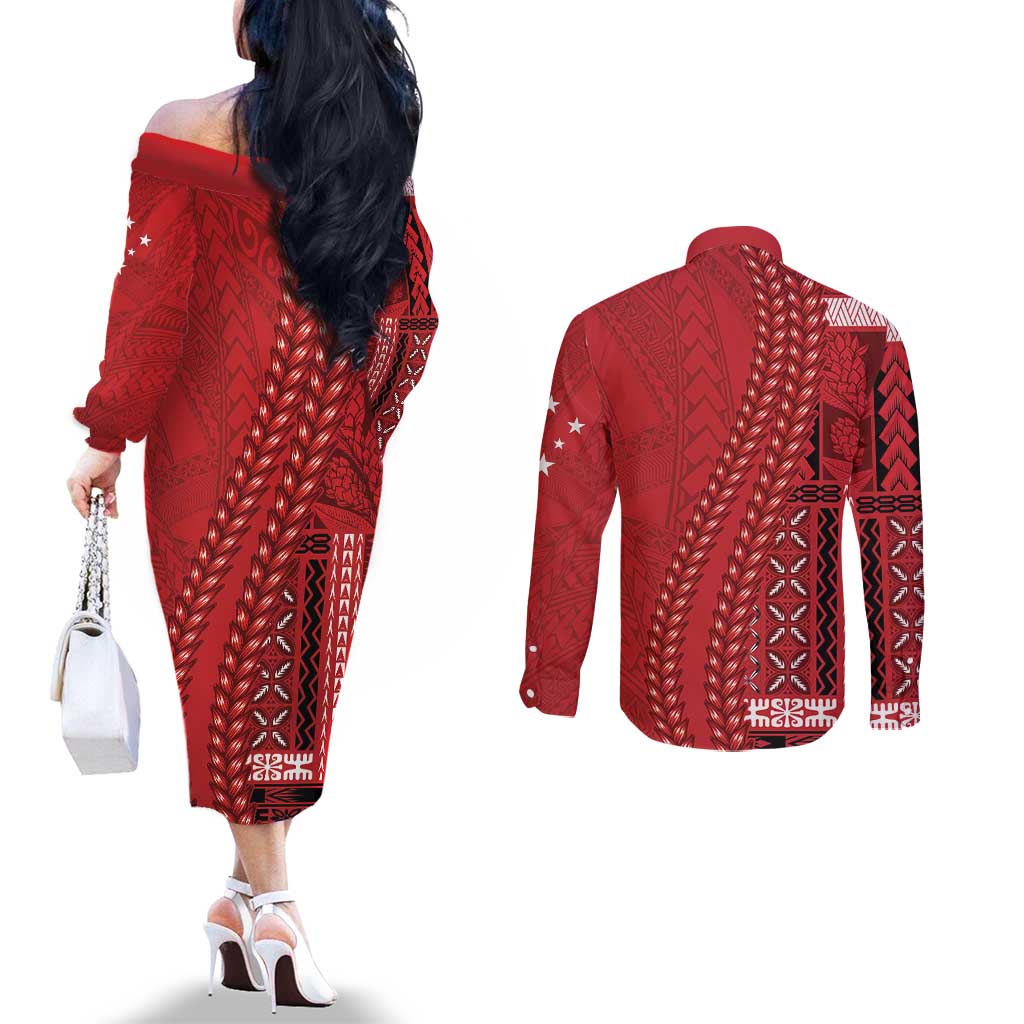Samoa FAST Siapo Couples Matching Off The Shoulder Long Sleeve Dress and Long Sleeve Button Shirt Tatau-Ulafala Vines - Polynesian Pride