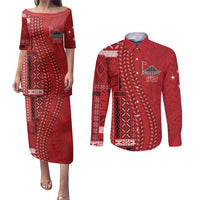 Samoa FAST Siapo Couples Matching Puletasi and Long Sleeve Button Shirt Tatau-Ulafala Vines - Polynesian Pride