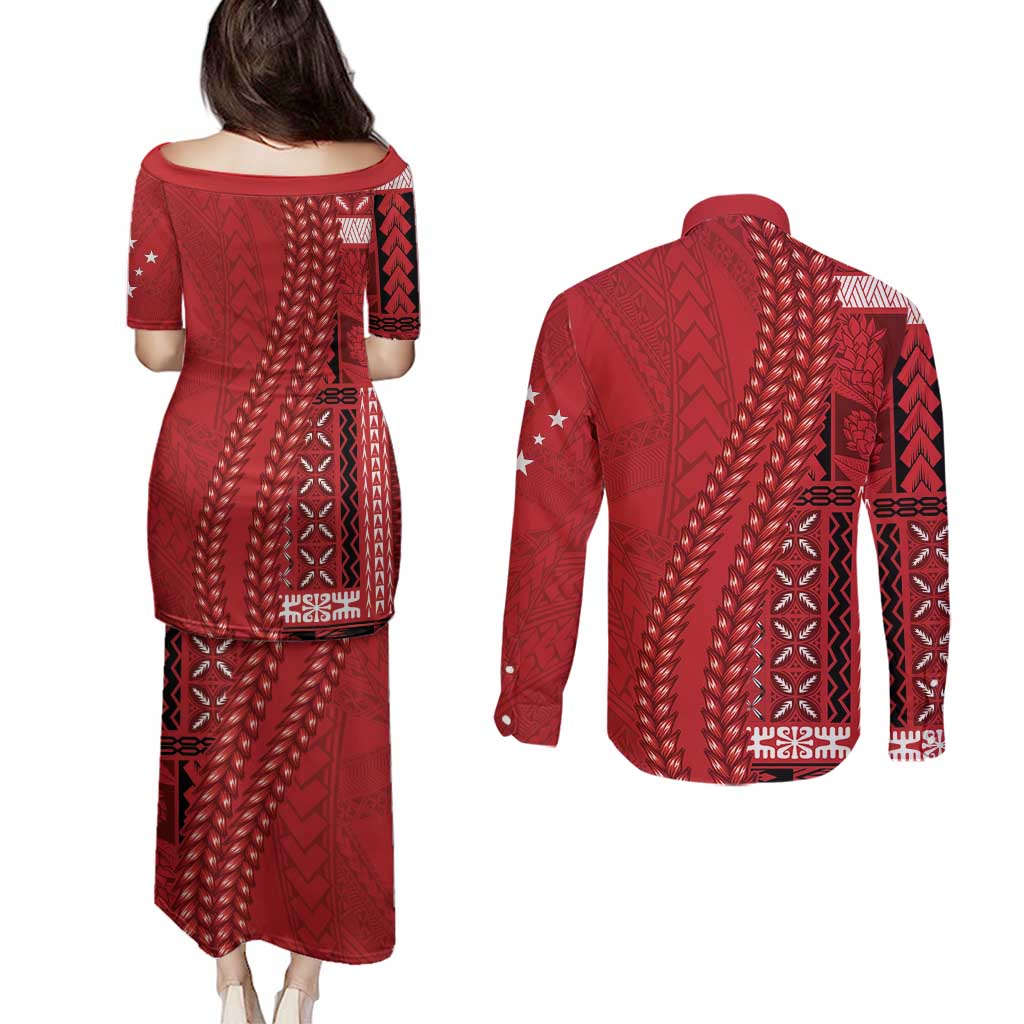 Samoa FAST Siapo Couples Matching Puletasi and Long Sleeve Button Shirt Tatau-Ulafala Vines - Polynesian Pride