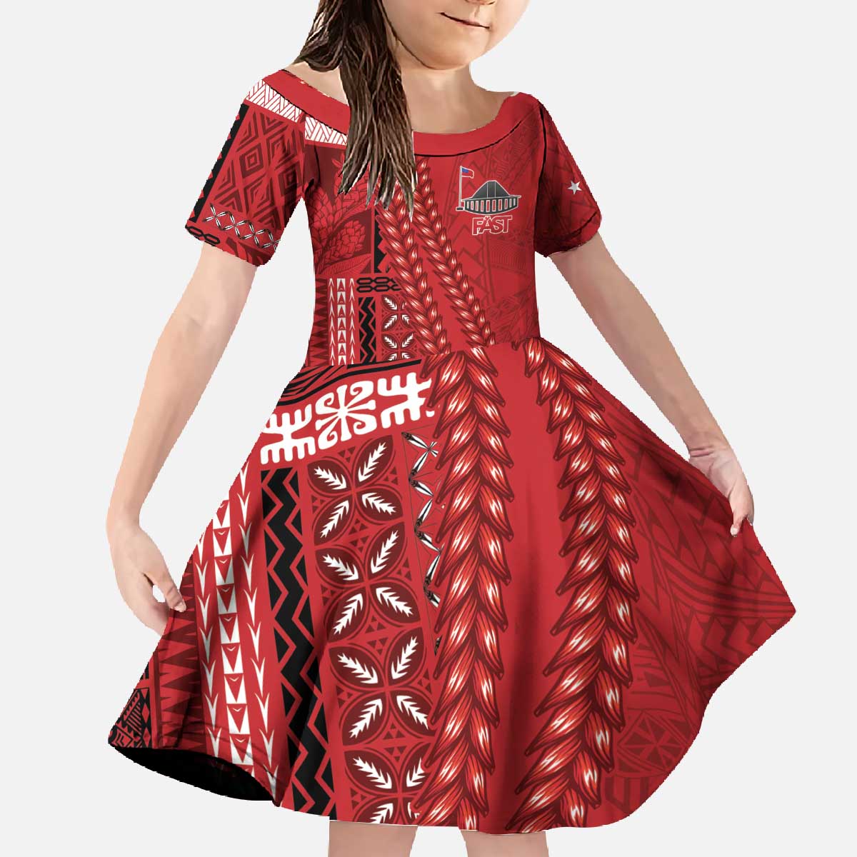 Samoa FAST Siapo Family Matching Off The Shoulder Long Sleeve Dress and Hawaiian Shirt Tatau-Ulafala Vines LT7 Daughter's Dress Red - Polynesian Pride