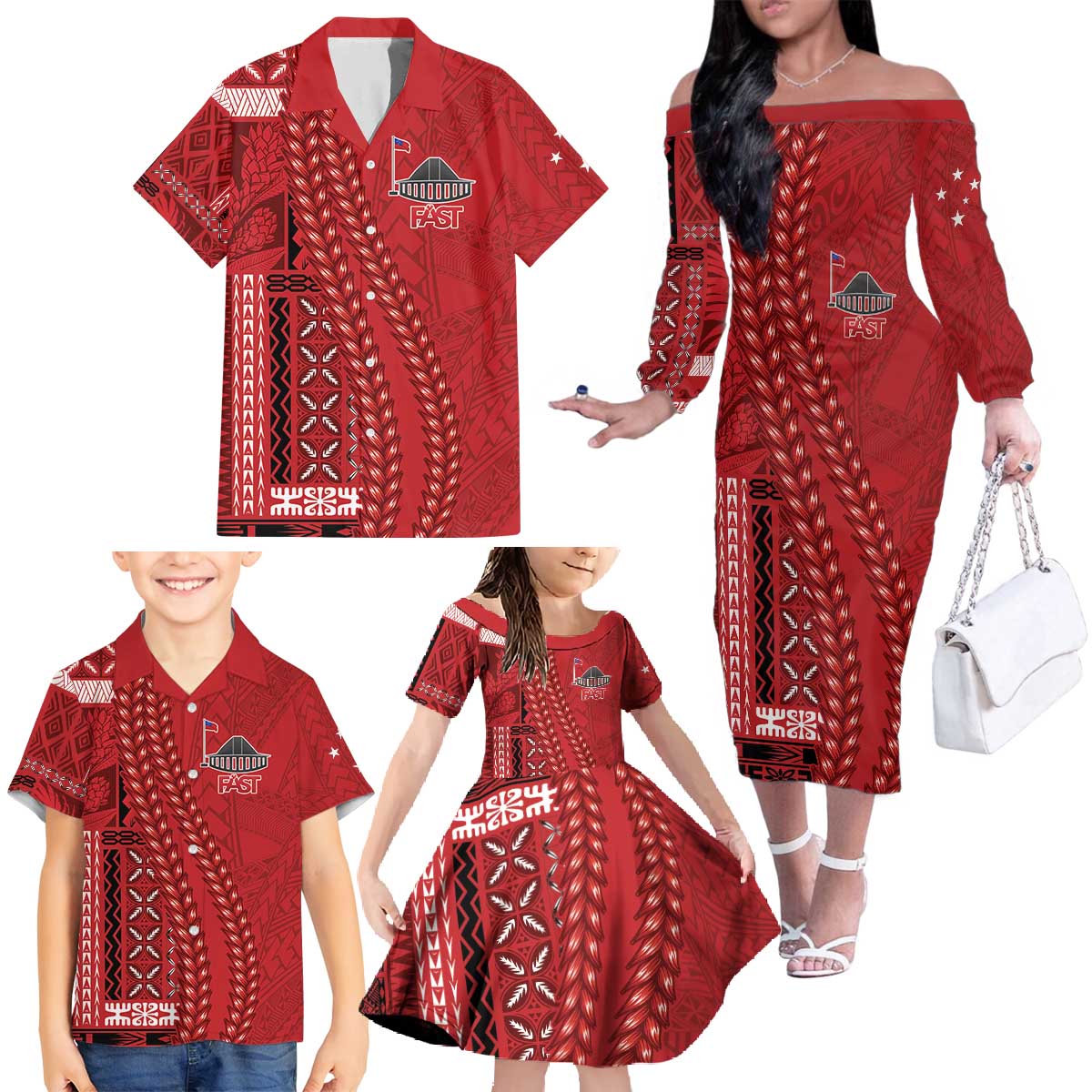 Samoa FAST Siapo Family Matching Off The Shoulder Long Sleeve Dress and Hawaiian Shirt Tatau-Ulafala Vines LT7 - Polynesian Pride
