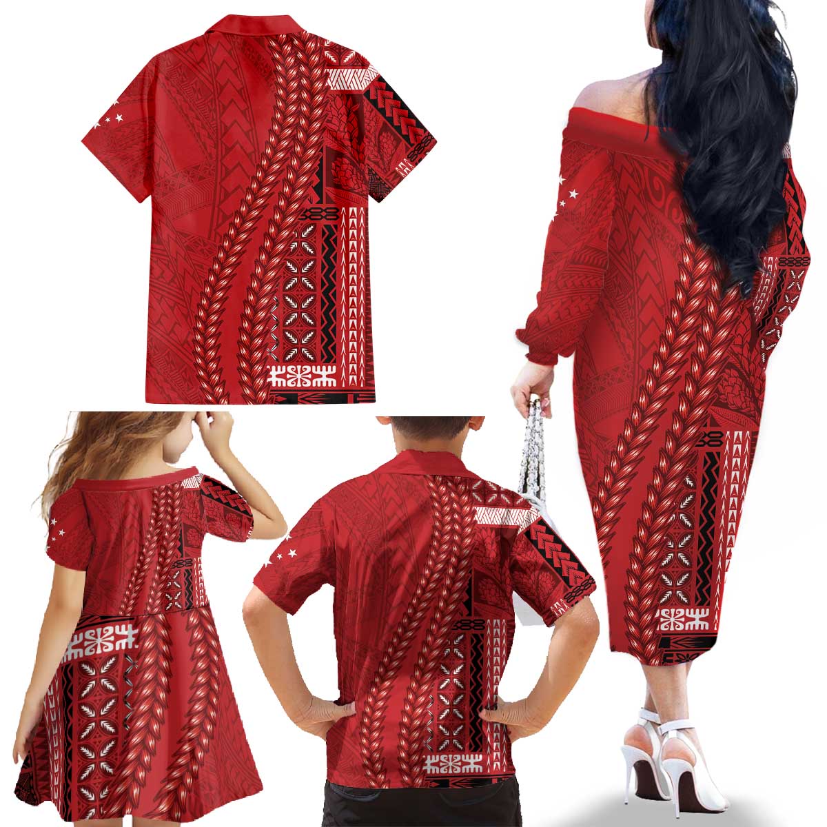 Samoa FAST Siapo Family Matching Off The Shoulder Long Sleeve Dress and Hawaiian Shirt Tatau-Ulafala Vines LT7 - Polynesian Pride