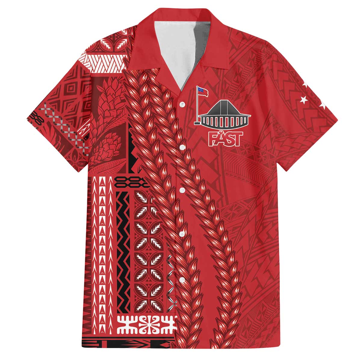 Samoa FAST Siapo Family Matching Off The Shoulder Long Sleeve Dress and Hawaiian Shirt Tatau-Ulafala Vines LT7 Dad's Shirt - Short Sleeve Red - Polynesian Pride