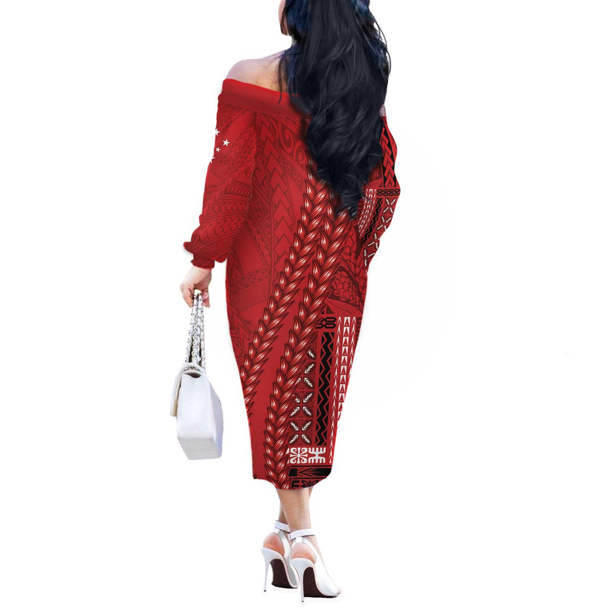 Samoa FAST Siapo Off The Shoulder Long Sleeve Dress Tatau-Ulafala Vines - Polynesian Pride