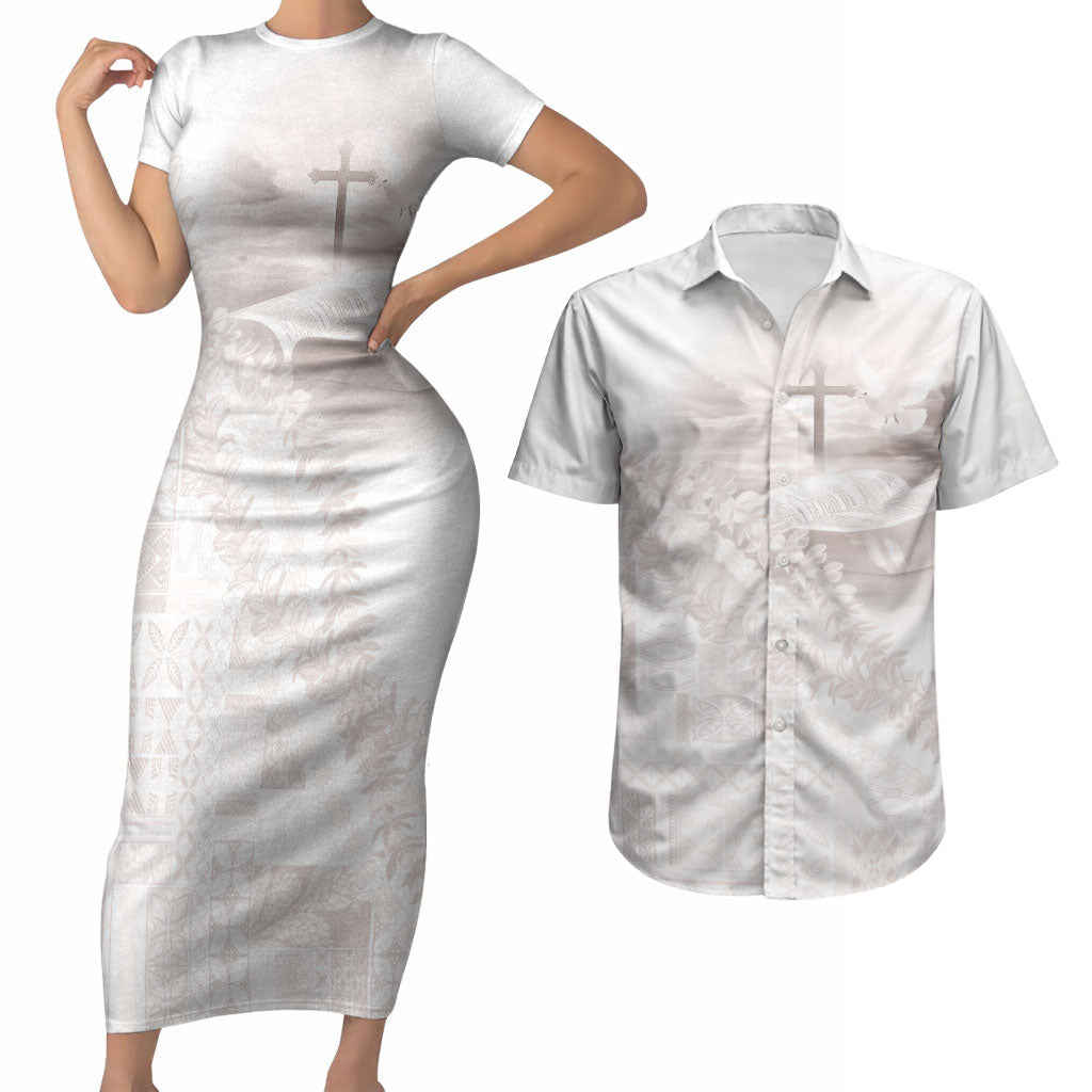 Samoa Lotu Tamaiti White Prayers Couples Matching Short Sleeve Bodycon Dress and Hawaiian Shirt Floral Mamanu Siapo