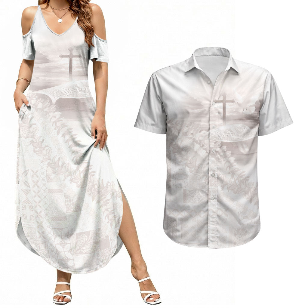 Samoa Lotu Tamaiti White Prayers Couples Matching Summer Maxi Dress and Hawaiian Shirt Floral Mamanu Siapo