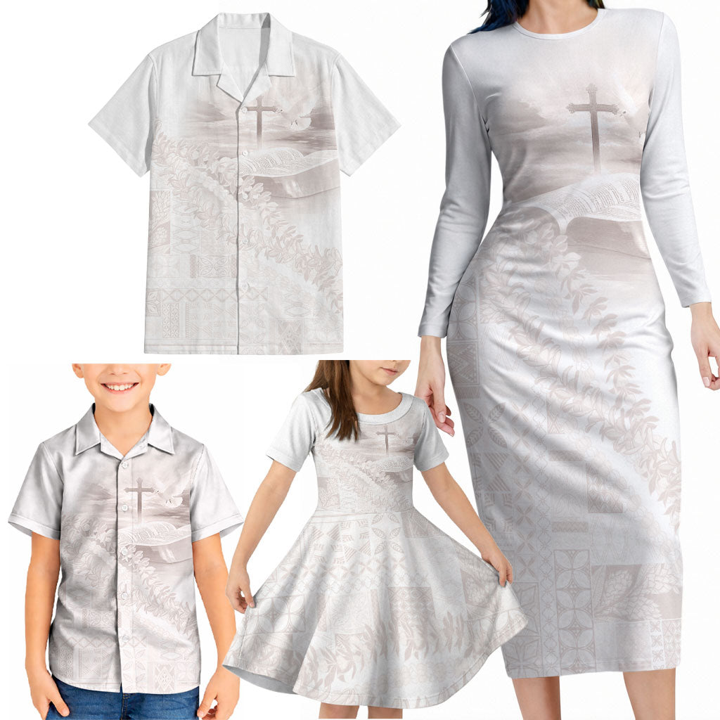 Samoa Lotu Tamaiti White Prayers Family Matching Long Sleeve Bodycon Dress and Hawaiian Shirt Floral Mamanu Siapo