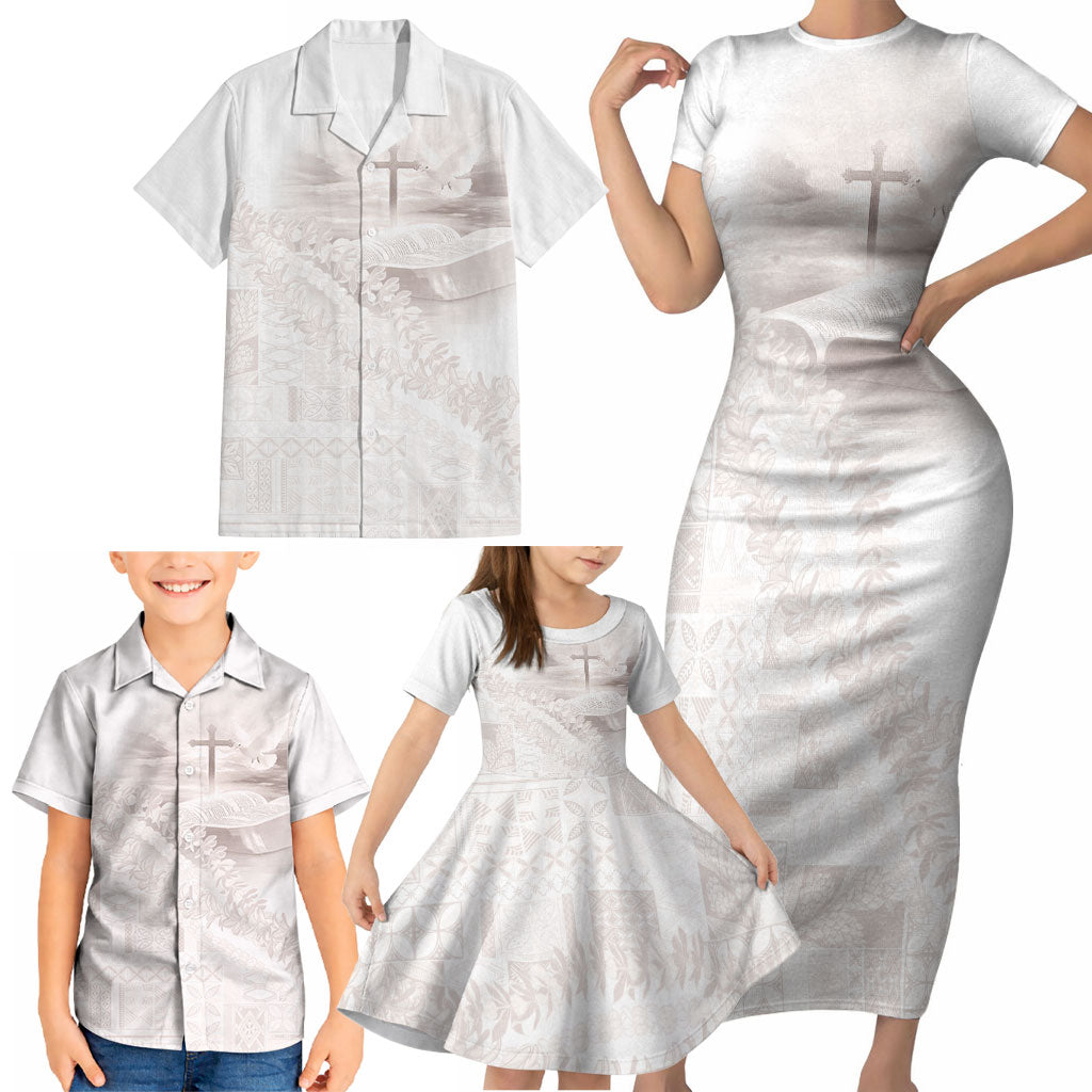 Samoa Lotu Tamaiti White Prayers Family Matching Short Sleeve Bodycon Dress and Hawaiian Shirt Floral Mamanu Siapo