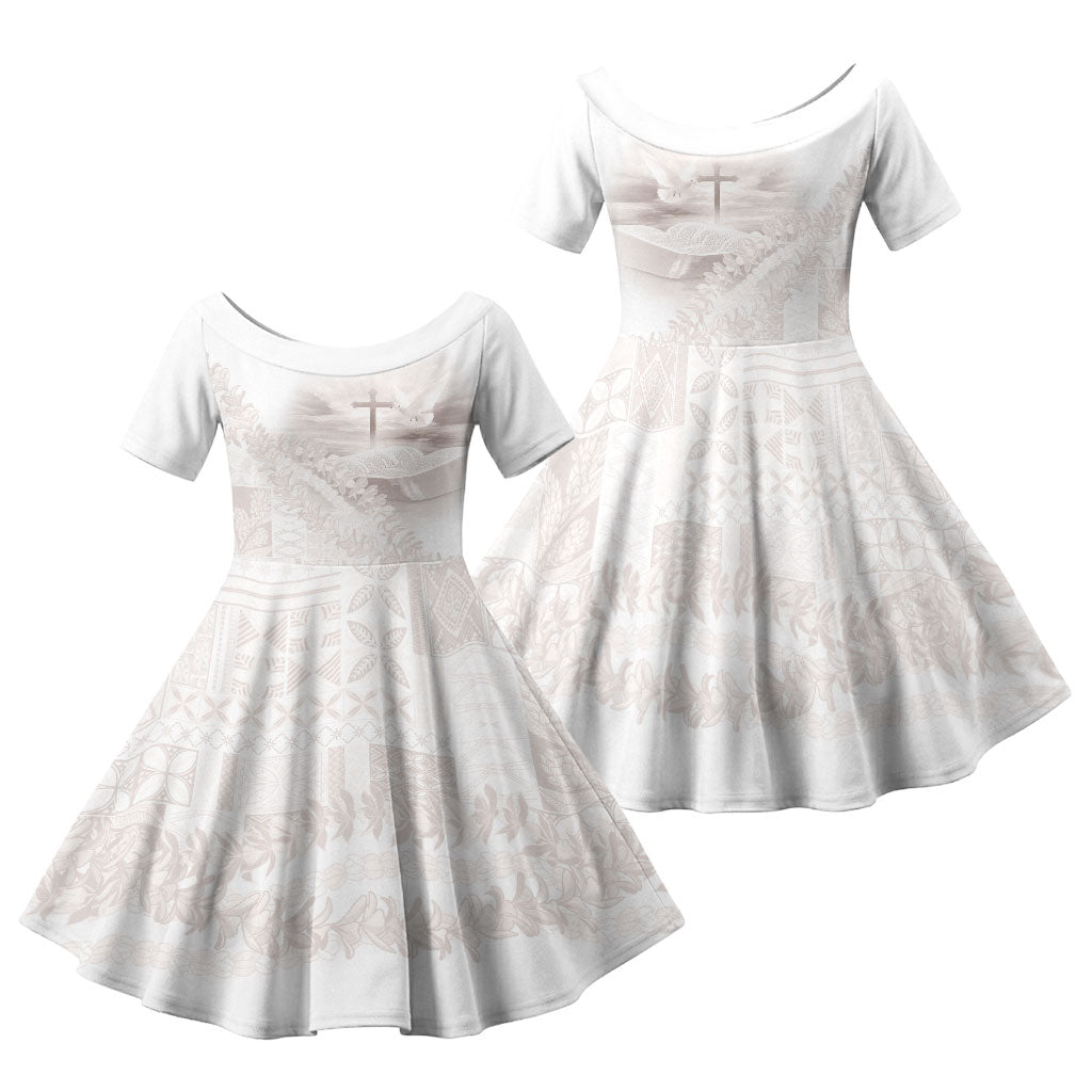 Samoa Lotu Tamaiti White Prayers Family Matching Short Sleeve Bodycon Dress and Hawaiian Shirt Floral Mamanu Siapo