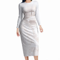 Samoa Lotu Tamaiti White Prayers Long Sleeve Bodycon Dress Floral Mamanu Siapo LT7 Long Dress White - Polynesian Pride