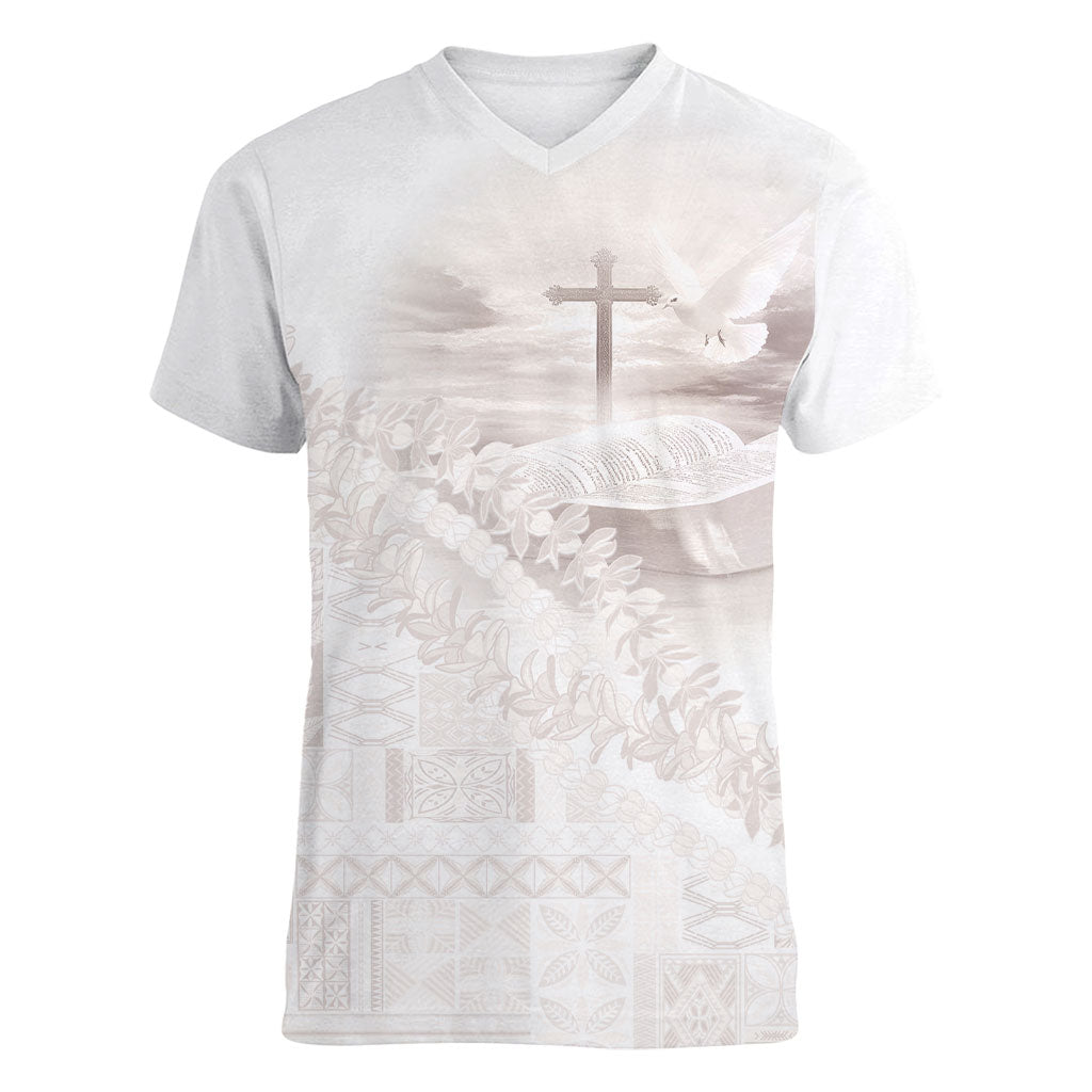 Samoa Lotu Tamaiti White Prayers Women V-Neck T-Shirt Floral Mamanu Siapo LT7 Female White - Polynesian Pride