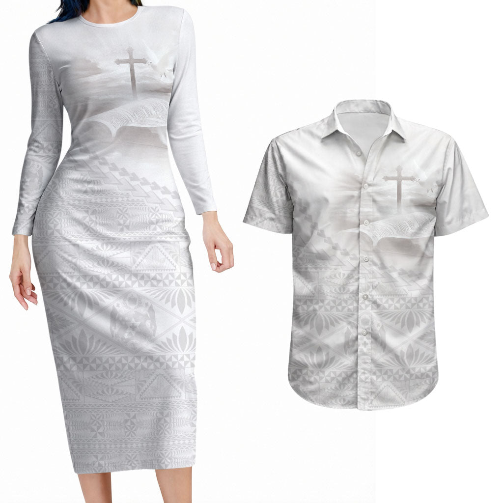 Tonga White Sunday Fakame Couples Matching Long Sleeve Bodycon Dress and Hawaiian Shirt Tokelaufeletoa Kupesi LT7 White - Polynesian Pride