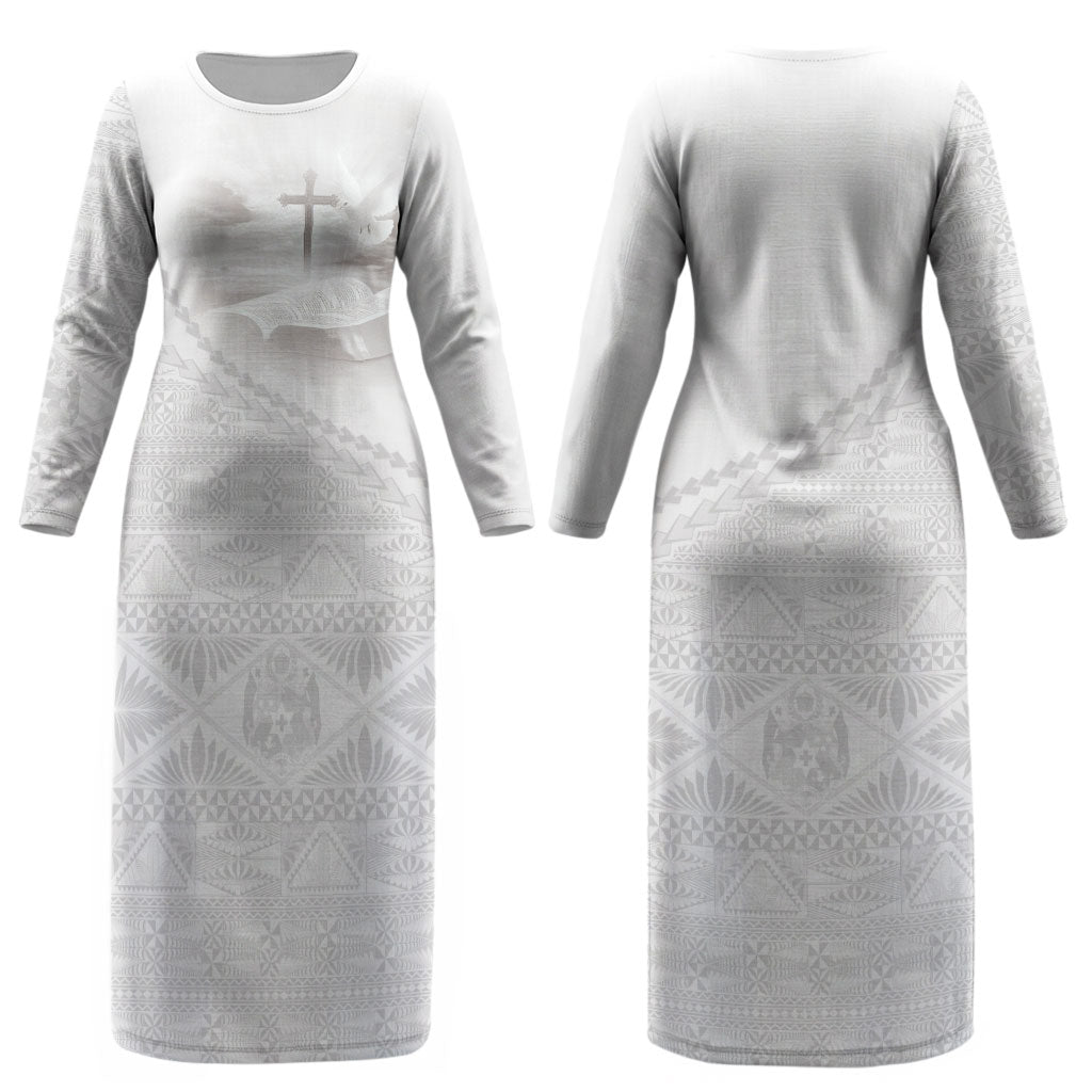 Tonga White Sunday Fakame Couples Matching Long Sleeve Bodycon Dress and Hawaiian Shirt Tokelaufeletoa Kupesi LT7 - Polynesian Pride