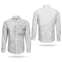 Tonga White Sunday Fakame Couples Matching Long Sleeve Bodycon Dress and Long Sleeve Button Shirt Tokelaufeletoa Kupesi