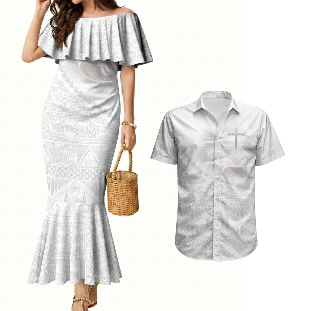 Tonga White Sunday Fakame Couples Matching Mermaid Dress and Hawaiian Shirt Tokelaufeletoa Kupesi LT7 White - Polynesian Pride
