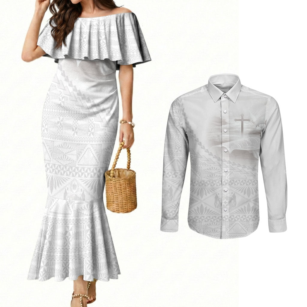 Tonga White Sunday Fakame Couples Matching Mermaid Dress and Long Sleeve Button Shirt Tokelaufeletoa Kupesi LT7 White - Polynesian Pride