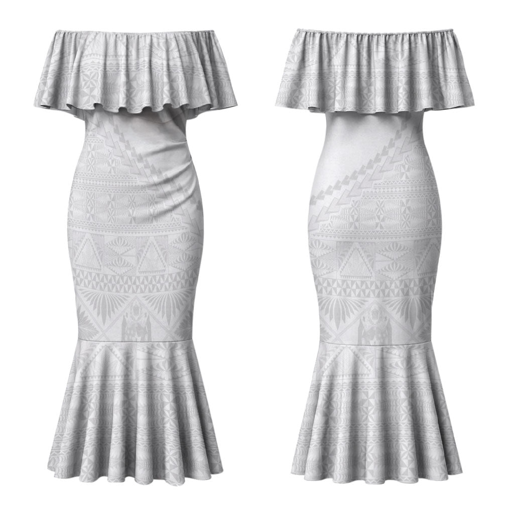 Tonga White Sunday Fakame Couples Matching Mermaid Dress and Long Sleeve Button Shirt Tokelaufeletoa Kupesi LT7 - Polynesian Pride
