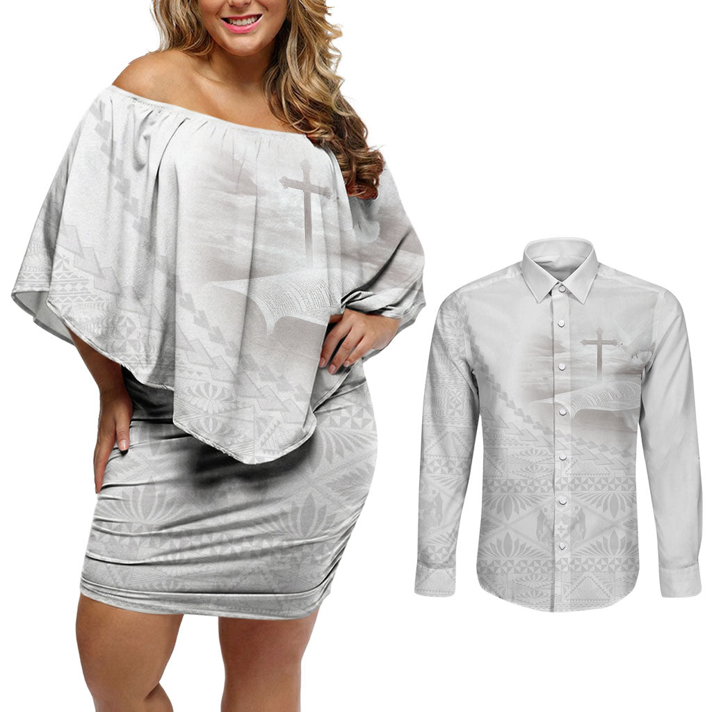 Tonga White Sunday Fakame Couples Matching Off Shoulder Short Dress and Long Sleeve Button Shirt Tokelaufeletoa Kupesi LT7 White - Polynesian Pride