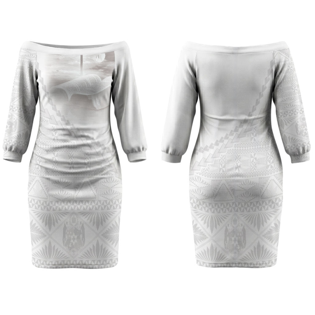 Tonga White Sunday Fakame Couples Matching Off The Shoulder Long Sleeve Dress and Hawaiian Shirt Tokelaufeletoa Kupesi LT7 - Polynesian Pride