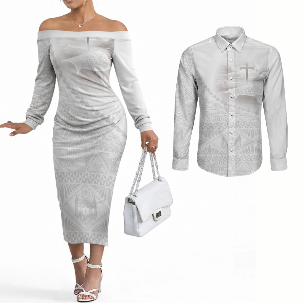 Tonga White Sunday Fakame Couples Matching Off The Shoulder Long Sleeve Dress and Long Sleeve Button Shirt Tokelaufeletoa Kupesi LT7 White - Polynesian Pride