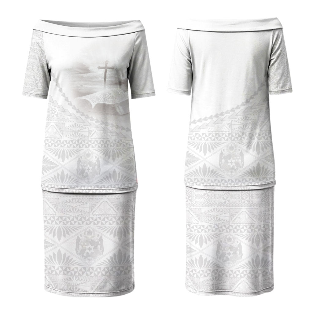 Tonga White Sunday Fakame Couples Matching Puletasi and Long Sleeve Button Shirt Tokelaufeletoa Kupesi LT7 - Polynesian Pride