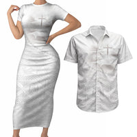 Tonga White Sunday Fakame Couples Matching Short Sleeve Bodycon Dress and Hawaiian Shirt Tokelaufeletoa Kupesi LT7 White - Polynesian Pride